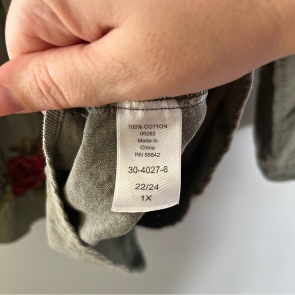 Woman Within Olive Green Embroidered Corduroy Button Up Shirt Plus Size 1X - Picture 7 of 7